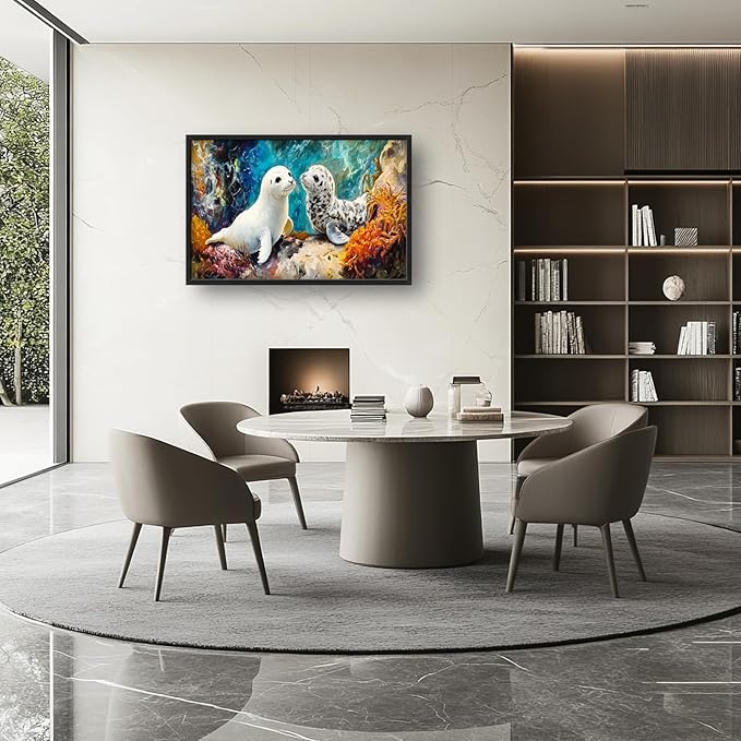 Extra Large Seal Framed Wall Art for Living Room,Oversized Underwater Animal Pictures Wall Decor,Ocean Coral Reef Canvas Print Painting Modern Artwork Bedroom Office Bathroom 36L x 24W