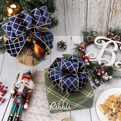 Ribbli Navy Blue Velvet Ribbon Wired with Glitter Diamond Grid 2-1/2 Inch Christmas Ribbon for Christmas Tree Decoration Big Bow Gift Wrapping Crafts Wreaths Garland Supplies - 10 Yards