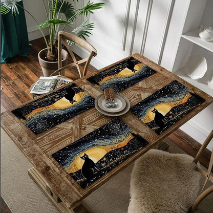 Cat Placemats Set of 4, Starry Night Black Cat Table Mats Place Mats for Kitchen Dining Table Decoration 16.9x11.4 Inch