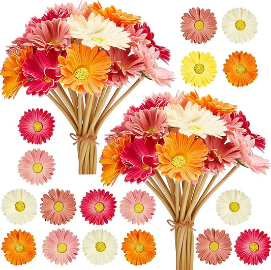WILLBOND 36 Pieces Artificial Gerbera Daisies Flowers Fake Daisy Faux Boho Daisy Flowers Bouquet 15 in for Boho Birthday Decorations Wedding Home Decor (White,Pink,Yellow,Orange,Rose,Coral)