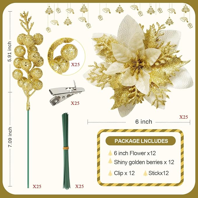 50pcs Glitter Poinsettia Christmas Ornaments, Artificial Flowers with Clips Stems for DIY Wreath Making, Holiday Home Party Decorations, Indoor Use (Gold)