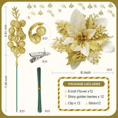 50pcs Glitter Poinsettia Christmas Ornaments, Artificial Flowers with Clips Stems for DIY Wreath Making, Holiday Home Party Decorations, Indoor Use (Gold)