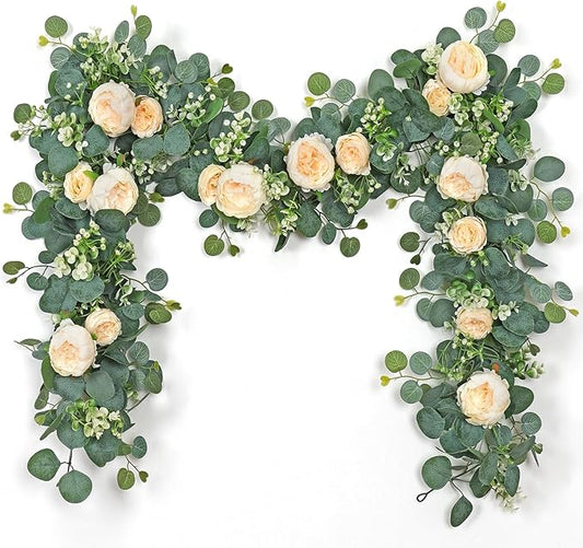 SOMYTING Artificial Flower Garlands Eucalyptus Garlands with Flowers Rose Peony Flower Vine Faux Floral Garland for Wedding Party Arch Table Wall Backdrop Decoration (Champagne, 2PCS)