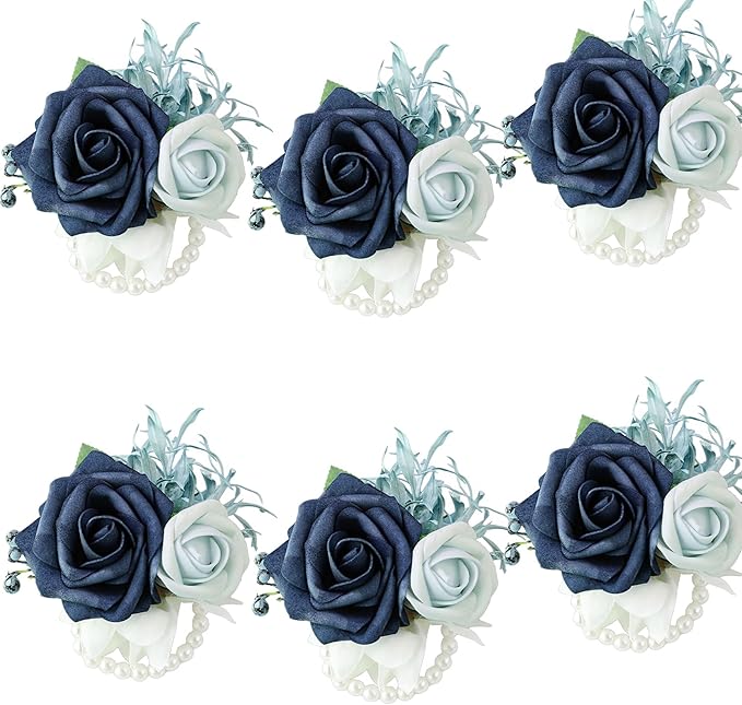 Meldel Navy Blue Wrist Corsage,Set of 6, Homecoming Wrist Flower Girl/Mother Corsages Wristlet Décor Perfect for Bride Bridesmaids Wedding Guests Hand Flower, Proms, Party, Ceremony Anniversary
