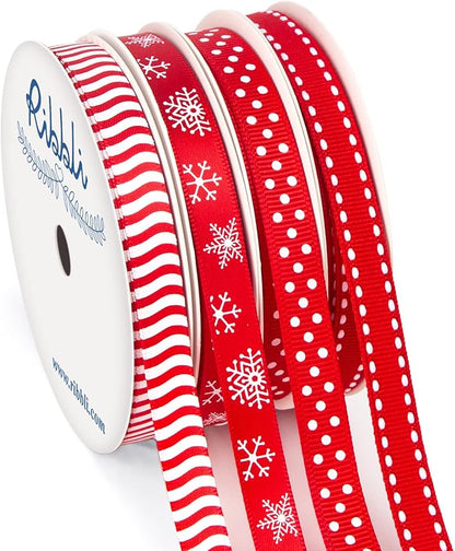 Ribbli Christmas Ribbon,Red and White Candy Cane/Snowflake/Polka Dots/Stitch Ribbon for Christmas Craft,Gift Wrapping,Home Decor,3/8 Inches Total 35 Yards,Red/White