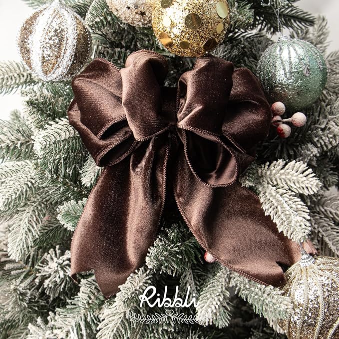 Ribbli Dark Brown Velvet Wired Ribbon 4 Inch Velvet with Satin Christmas Ribbon for Gift Wrapping Christmas Tree Decoration Crafts Wreaths Supplies-Continuous 10 Yards