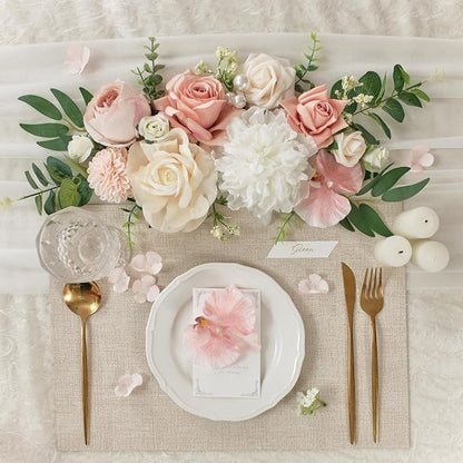 TINGE TIME Artificial Flowers Combo Mix Silk Flowers Pink Roses w/stem for DIY Wedding Bridal Bouquets Baby Shower Floral Arrangement Table Centerpieces Home Decorations (Dusty Rose & Champange)