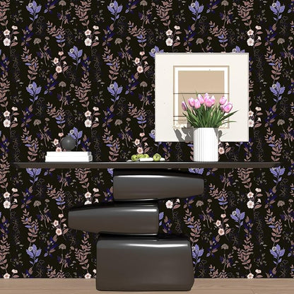 Black Floral Wallpaper Peel and Stick Purple Leaf Contact Paper 17.4" X 118" Moody Dark Wallpaper Waterproof Self-Adhesive Vintage Wall Covering for Bedroom Countertop Desk Cabinets Decor