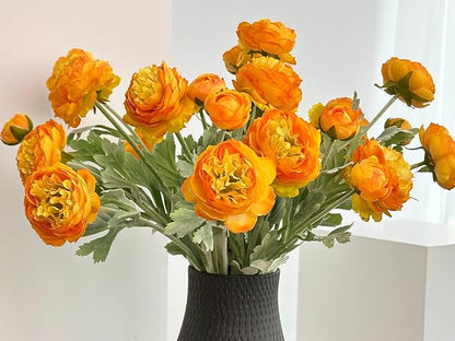 7 pcs Orange Peonies Artificial Flowers, Fake Ranunculus for for vase, Fake Silk Flowers for Home Table Centerpiece Office Desk Farmhouse Kitchen Dining Coffee Table Decoration (Light Orange)