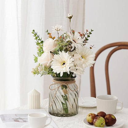 Fake Flowers Artificial Daisy Rose with Vase, Faux Silk Flowers Fake Plant Decor for Home Office, Kitchen Dining Table Centerpiece, Bathroom Shelf Decor
