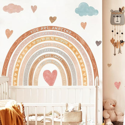 Large Rainbow Wall Decal Boho Kids Bedroom Wall Decals Peel and Stick Rainbow Wall Sticker Watercolor Inspirational Walls Decor Stickers Self-Affirmation Decal Vinyl Wallpaper for Nursery Playroom