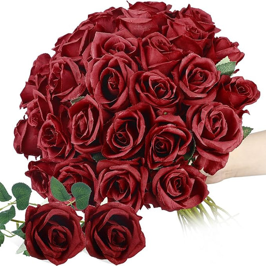 30 Pcs Rose Artificial Flowers in Bulk Real Touch Long Stem Silk Roses Bouquets Realistic Faux Flowers for Wedding Bridal Shower Home Decor Floral Arrangements Table Centerpiece(Burgundy)