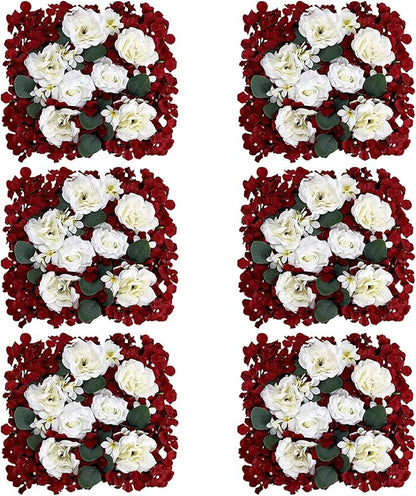 Pack of 6 Artificial Silk Flower Panels, Faux Floral Wall Background for Wedding Party Engagement Bridal Shower Arrangement Home Decorations - Burgundy & White