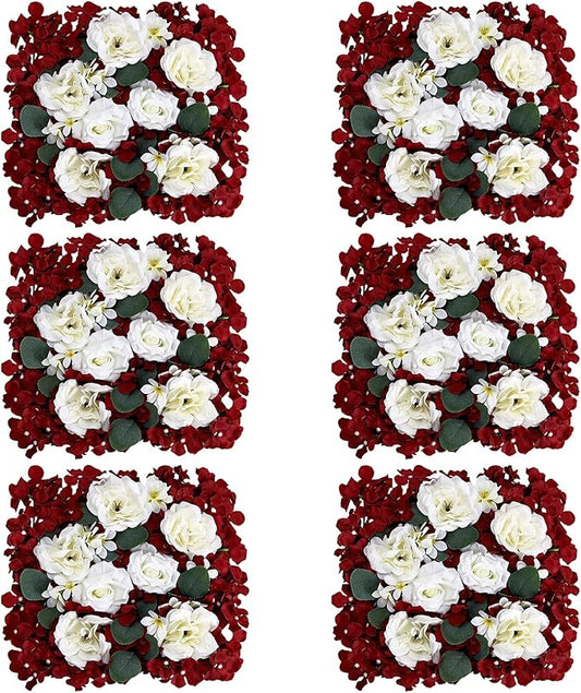 Pack of 6 Artificial Silk Flower Panels, Faux Floral Wall Background for Wedding Party Engagement Bridal Shower Arrangement Home Decorations - Burgundy & White