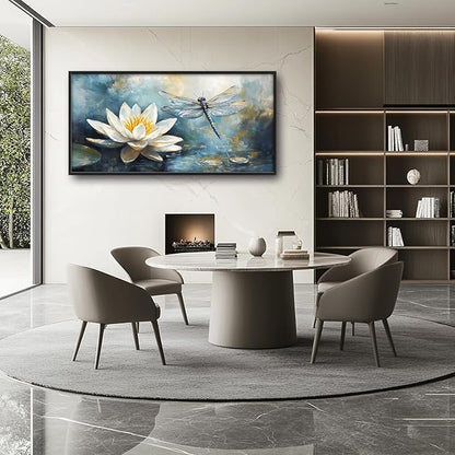 Extra Large Lotus Dragonfly Framed Wall Art for Living Room,Abstract Blue Lotus Flower Lake Pictures Wall Decor,Nature Canvas Print Painting Modern Artwork Bedroom Office Bathroom 60L x 30W