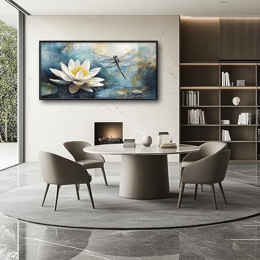Extra Large Lotus Dragonfly Framed Wall Art for Living Room,Abstract Blue Lotus Flower Lake Pictures Wall Decor,Nature Canvas Print Painting Modern Artwork Bedroom Office Bathroom 60L x 30W
