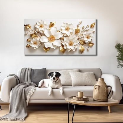JuhaiArt Gold Wall Decor White 3D Floral Wall Art Elegant Flower Canvas Decor for Bedroom Living Room Office Picture Artwork 24" x 48"