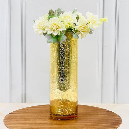 Hosley 12 Inch High Mercury Gold Glass Vase Decorative Glass Hurricane Vase. Ideal for Floral Arrangements Cut Flowers Weddings Aromatherapy DIY Craft Projects Led Lantern Votive Garden Spa