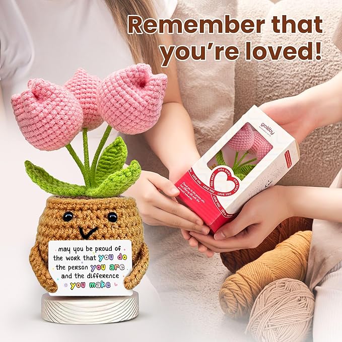 Gossby Handmade Positive Tulip Flower Crochet - May You Proud of The Work That You Do - Inspirational Gift for Women - Positive Energy, Apreciation, Farewell, Retirement, Goodbye Gift for Coworker