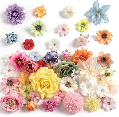 Fake Flower Heads for Crafts - Multi Silk Artificial Roses, Peonies, Daisies & Mini Floral Heads Bulk (48-Pack) for Wedding Decor, Graduation Cap, Cake Topper, Baby Shower, Home Decoration