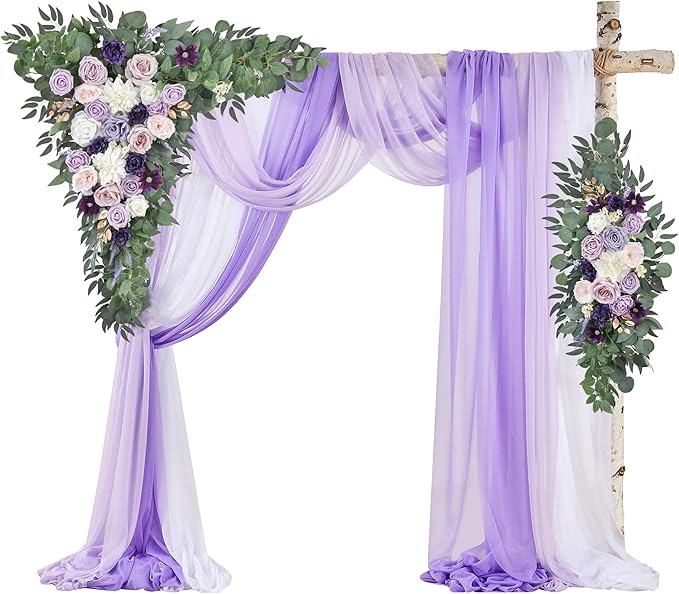 Wedding Arch Flowers Kit (Pack of 5) 2pcs Purple Artificial Floral Swag and 3pcs Draping Fabric for Wedding Flower Arch Decor Ceremony Arbor Reception and Backdrop (Lilac and White)