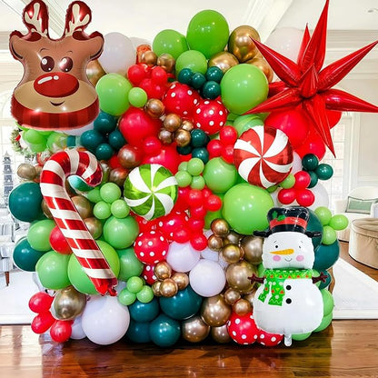 Christmas Balloons Decorations Red Green Gold White Balloon Garland Arch Kit with Snowman Reindeer Candy Cane Foil Mylar Balloon for Merry Christmas Xmas New Year Baby Shower Birthday Party Decoration