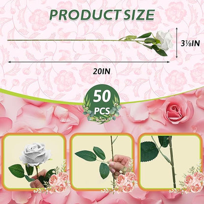 50 PCS Fake White Roses, Artificial White Flowers Bulk Realistic Silk Faux Roses with Stems for Wedding Decorations Table Centerpieces Bridal Bouquet DIY Floral Arrangement Event Party Home Decor