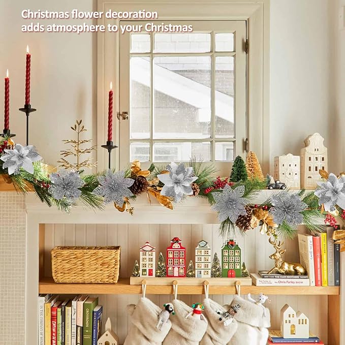 RECUTMS 66 Pcs 3 Styles Silver Christmas Ornaments Christmas Glitter Poinsettia Flowers Artificial Christmas Tree Flower Decorations Wedding Wreath Floral Decorations (Silver)