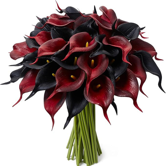 24 Pcs Artificial Calla Lily Flowers Fake Silk Flowers Real Touch for Halloween Wedding Bouquet Office Home Kitchen Decor (Black Red)