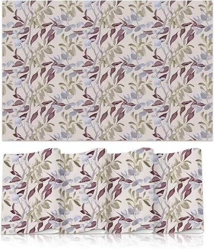 Botanical Placemats Set of 4, 12x18 in Waterproof Place Mats for Dining Table, Floral Table Mats with Mauve Gray Green Leaves and Silver Branches, Nature-Inspired Heat-Resistant Kitchen Decor