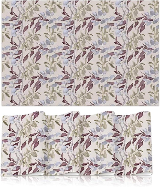 Botanical Placemats Set of 4, 12x18 in Waterproof Place Mats for Dining Table, Floral Table Mats with Mauve Gray Green Leaves and Silver Branches, Nature-Inspired Heat-Resistant Kitchen Decor