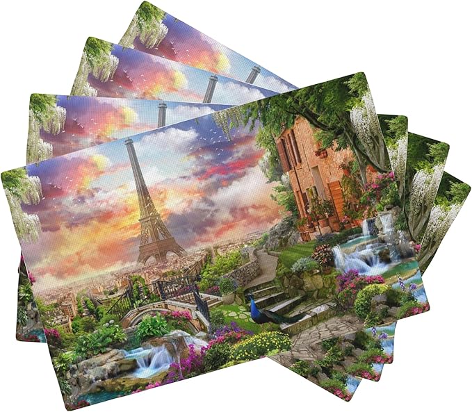Paris Eiffel Tower Placemats Set of 4,Flower Garden Placemats for Dining Table,Heat Resistant Stain Resistant Wipeable Table Mats for Kitchen Dining Holiday Party Home Decor,12x18 Inch