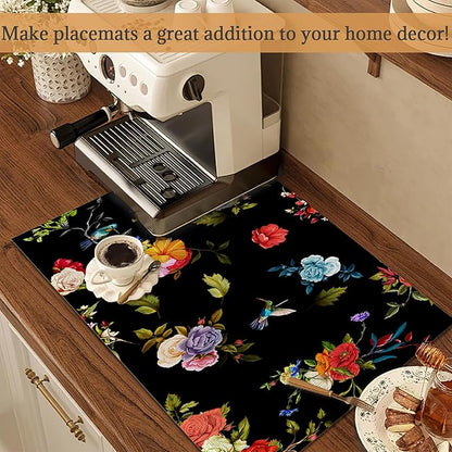 Vintage Rose Peony Flowers Placemats Set of 6 Place Mats for Kitchen Table Washable Farmhouse Linen Table Mats Dining Decoration 12x18 Inch