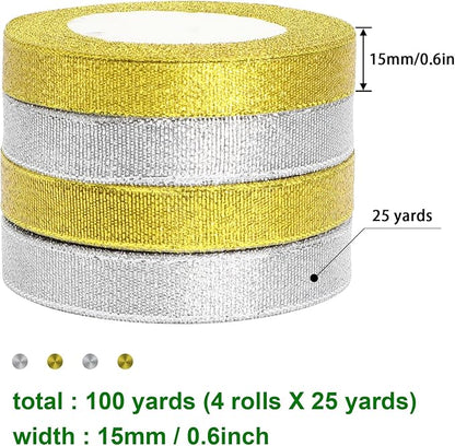 DECYOOL 4 Rolls 100 Yards Christmas Satin Ribbons 15mm Wide Holiday Craft Ribbons for Gift Wrapping and Xmas Decoration, Gold & Silver