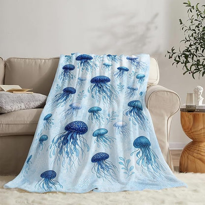 Jellyfish Blanket Marine Life Throw Blanket Blue Ocean Sea Soft Cozy Fleece Sealife Fuzzy Stuffed Plush Animal Flannel Gifts for Girls Women Boys Kids Adults 50"X60"