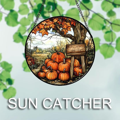 Stained Glass Window Hanging Fall Farm Scenery Maple Trees Pumpkin Large 11.8" - Suncatcher Door Garden Kitchen Sun Catcher Autumn Decor Birthday for Mom Nana Men Woman Friend