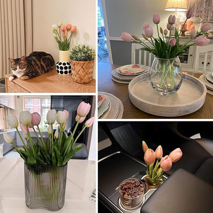 10PCS Pink Fake Tulips Artificial Flowers Real Touch Latex Faux Tulips UV Resistant Fake Flowers Bouquet for Table Home Decor Party Wedding Garden Decoration