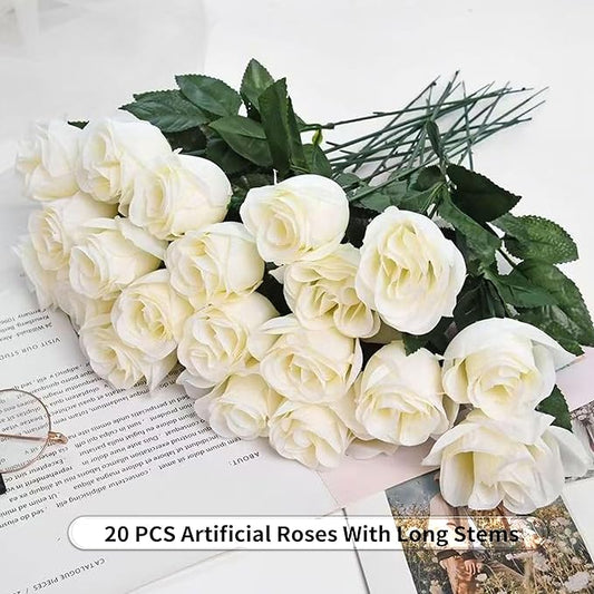 20PCS Artificial Roses with Long Stems - Realistic Silk Flowers, Fake Roses Real Touch Bouquet of Roses for Home Decor, Bridal Wedding Party Table Centerpieces, Bulk Faux Rose Flowers (White)