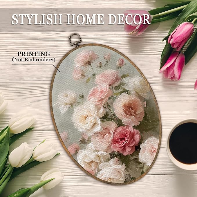 SHQIEUDH Vintage Pink Rose Floral Oval Wall Art 8.6x11.4, Cottagecore Flower Framed Canvas Prints Artwork, Retro Rustic Flowers Botanical Oval Wall Hanging Decor for Living Room Home Bedroom Kitchen