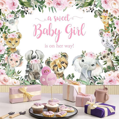 Mocsicka Girl Safari Baby Shower Backdrop Jungle Animals Sweet Baby Girl Background Pink Floral Greenery Baby Shower Party Cake Table Decoration Photo Booth Props (7x5ft)