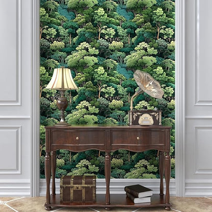 Green Wallpaper Peel and Stick, Forest Trees Contact Paper 17.5" x 393.7", Woodland Mountain Vintage Botanical Wall Paper Self Adhesive Waterproof Removable for Room Shelves Cabinet Drawer Table Decor