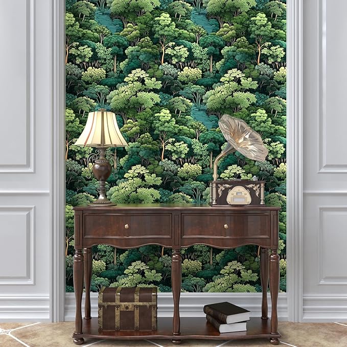 Forest Wallpaper Peel and Stick, Green Trees Contact Paper, Vintage Woodland Mountain Botanical Wall Paper Self Adhesive Waterproof Removable for Room Shelves Cabinet Drawer Table Decor 17.5" x 118"