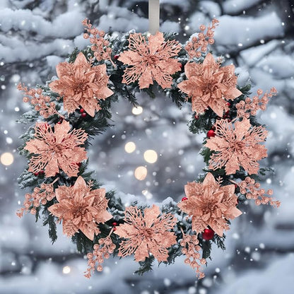 22 Pcs Rose Gold Christmas Poinsettia Artificial Flowers and Glitter Berries Stems Kit, Christmas Poinsettias Decorations and Christmas Tree Ornaments for Xmas Home Wedding Holiday Tree Decor
