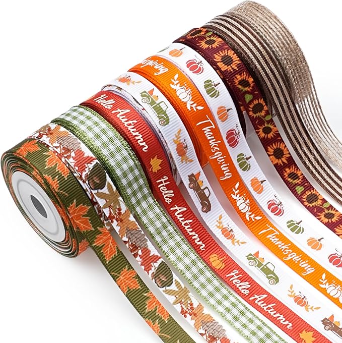 LaRibbons Fall Ribbons for Crafts 3/8 Inch x 5 Yards/Roll 50Yards TTL,Orange Green Yellow Plaid Ribbon for Autumn Wreath Thanksgiving Christmas Farm Gift Wrapping Home Decor
