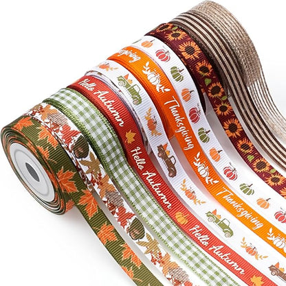 LaRibbons Fall Ribbons for Crafts 3/8 Inch x 5 Yards/Roll 50Yards TTL,Orange Green Yellow Plaid Ribbon for Autumn Wreath Thanksgiving Christmas Farm Gift Wrapping Home Decor