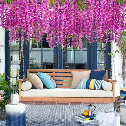 24 Pack Artificial Fake Wisteria Vine Ratta (3.75 Feet) Hanging Garland Silk Flowers String Home Party Wedding Decor(Purple)