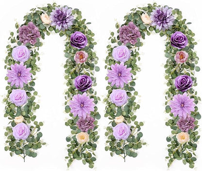 Waipfaru 2 Pcs Flower Garland, 6.07Ft Eucalyptus With Flowers, Rose Floral Vines for Wedding Reception Table Mantle Room Spring Summer Decor (Purple)