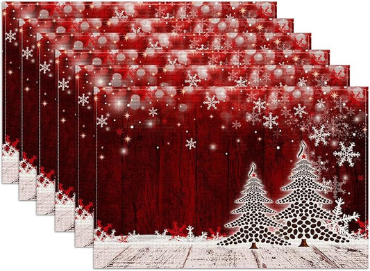 Christmas Tree Placemats Set of 6, Winter Snowflakes Linen Place Mat Washable Stain Resistant Table Mats for Farmhouse Kitchen Dining Party Wedding Decor 12x18 Inch
