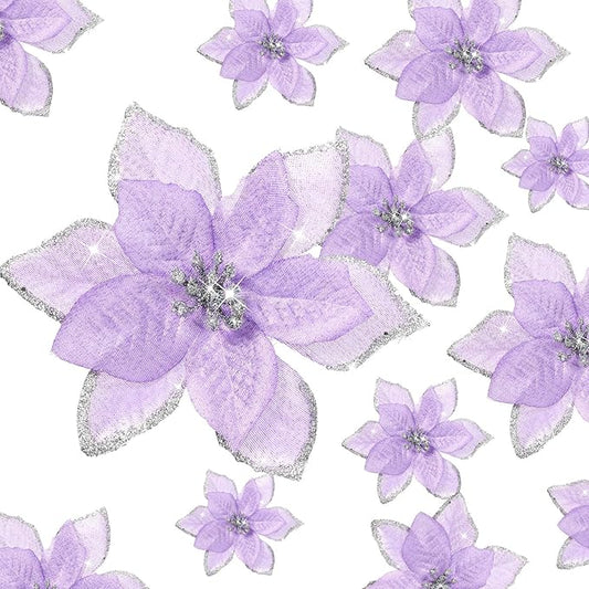 WILLBOND 24 Pcs 3 Size Poinsettia Flower Artificial Christmas Decor Glitter Poinsettia Christmas Ornaments Faux Flowers for Xmas Tree Outdoor(4/6/7.9 Inches,Purple)