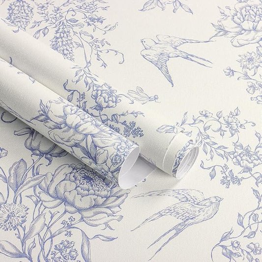 Cream White and Blue Peel and Stick Wallpaper Vintage Floral Contact Paper 16.9"x 393.7" Blue Floral Wallpaper Peel and Stick Birds Self Adhesive Removable Wall Paper for Bedroom Bathroom